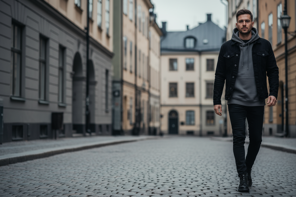 Confident male model wearing box hoodie, black jacket, jeans walking on Stockholm cobblestone street (Gamla Stan), overcast Scandinavian light, desaturated tones, urban minimalist look, candid mid-stride pose, moody atmosphere, product in focus, authentic street photography, left 40% negative space for text.