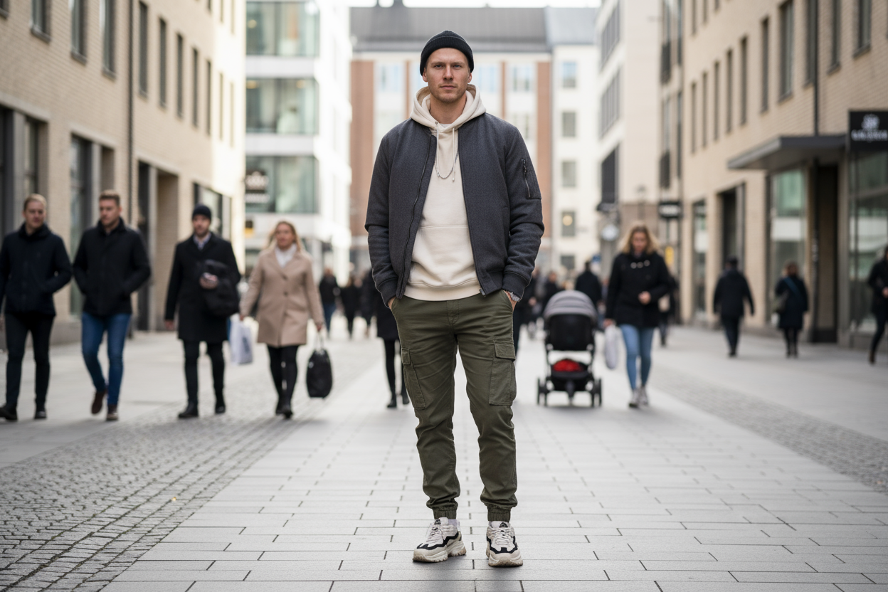 Swedish man standing in an urban street with people in the background. Dressed in a strretwear casual outfit